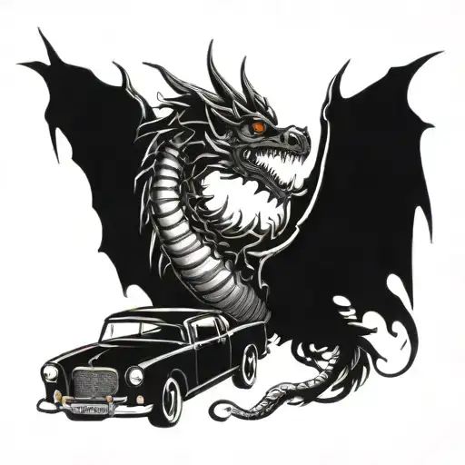 A Tattoo Of A Vintage Car Transformed Into A Mythical Creature Like A Dragon Or Phoenix