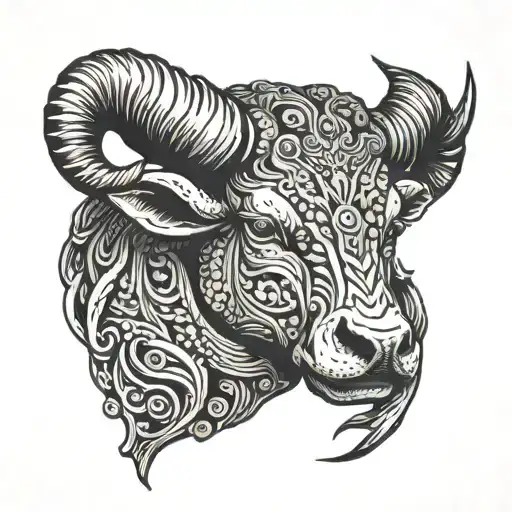 Half Bull Head Merging With Half Ram Head With Weight Scales Hanging From The Horns
