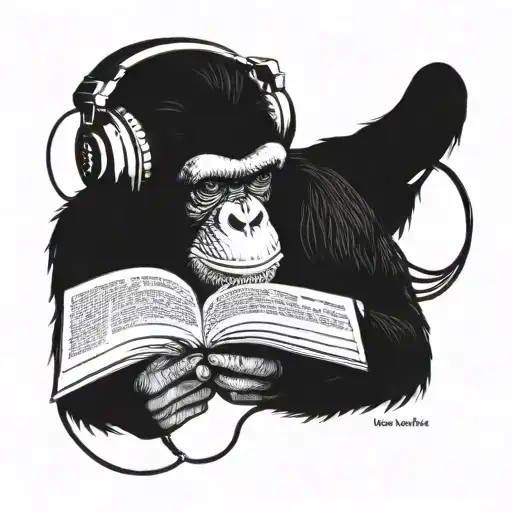 Chimpanzee Wearing Headphones And Reading Book
