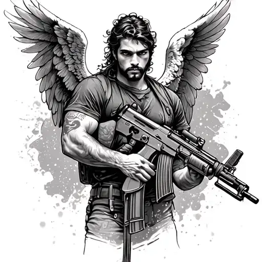 An Angel Man With An Ak 47 Assault Rifle
