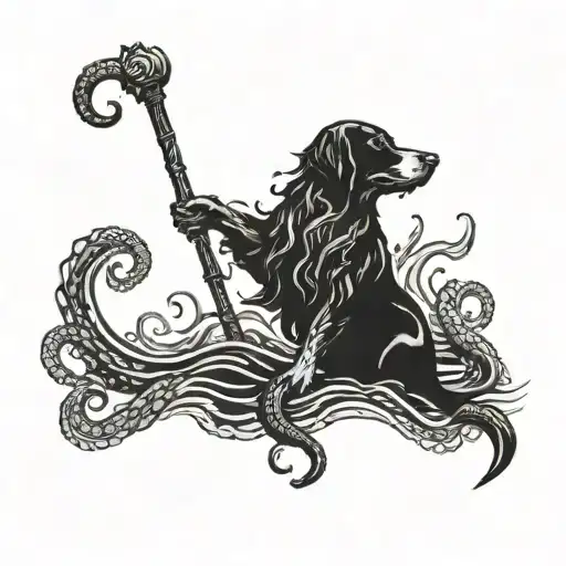 A Dog Standing Guard Against A Kraken Emerging From The Depths
