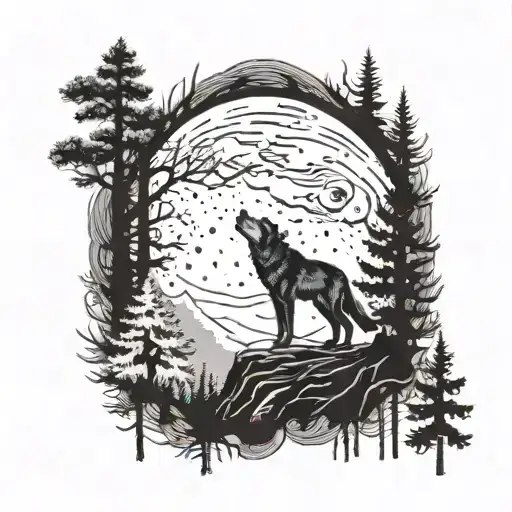 A Tranquil Forest Scene With A Lone Wolf Howling At The Moon