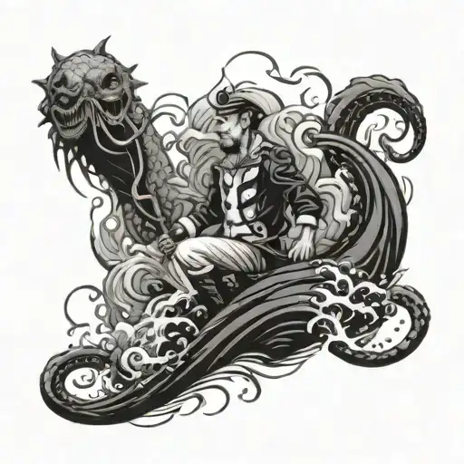 A Sailor Riding A Kraken Like A Ship Through Turbulent Waters