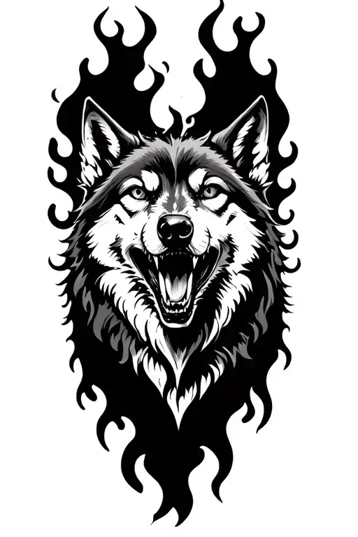 Howling Wolf And Fire Flames