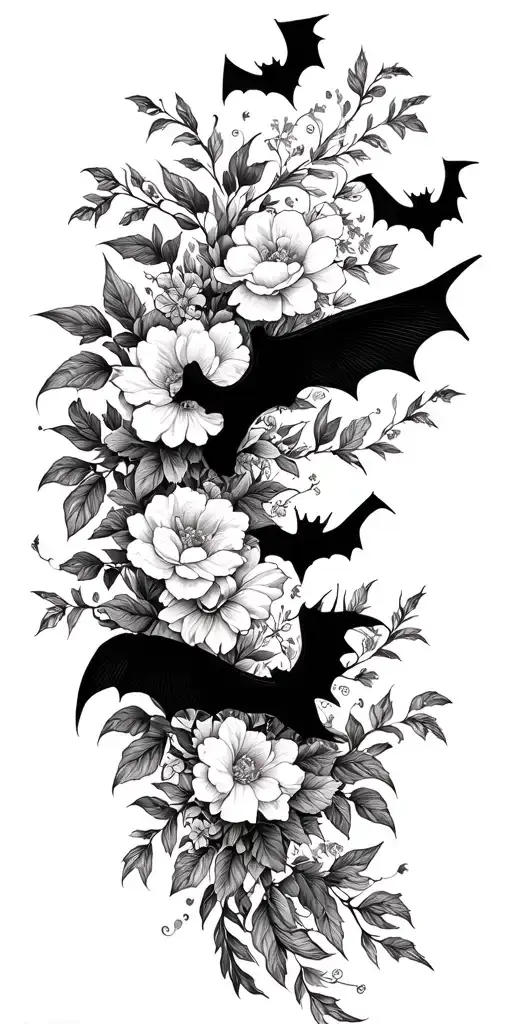 Fine Line Floral Sleeve With Bats And Black Background