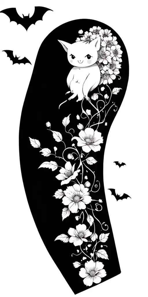 Fine Line Floral Sleeve With Cute Bats And Black Background