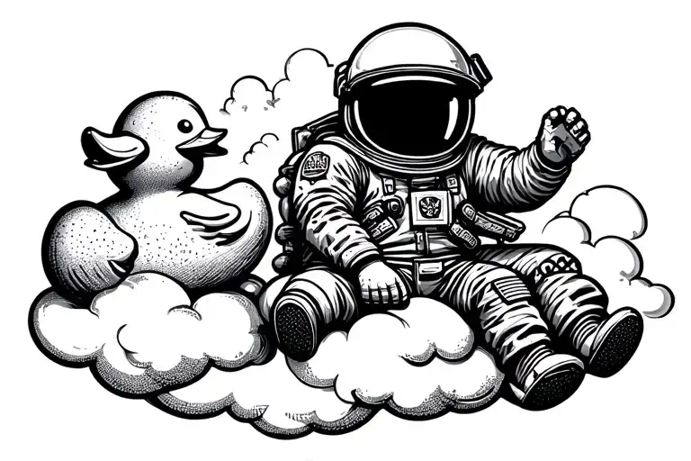 And Astronaut Sitting On The Cloud With A Police Office Rubber Ducky