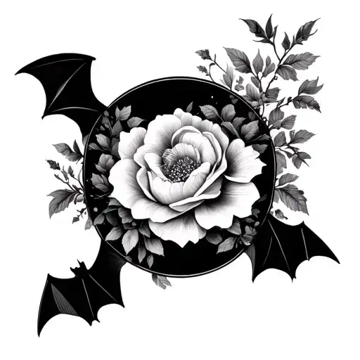 Floral Sleeve With Realistic Bats And Black Background