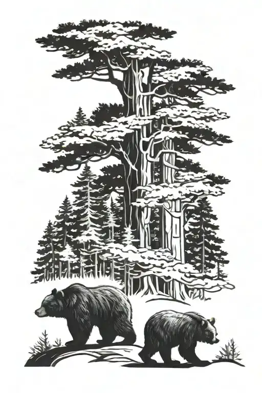 Pine Forest With Two Adult Bears Being Followed By A Bear Cub