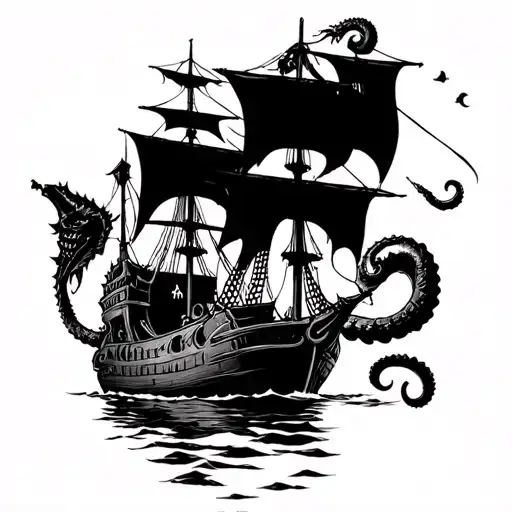 A Old Pirate Ship Fighting The Kraken