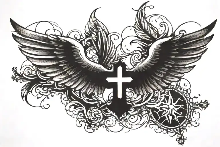 Forearm Tatoo Wing With Cross And Doves Flying