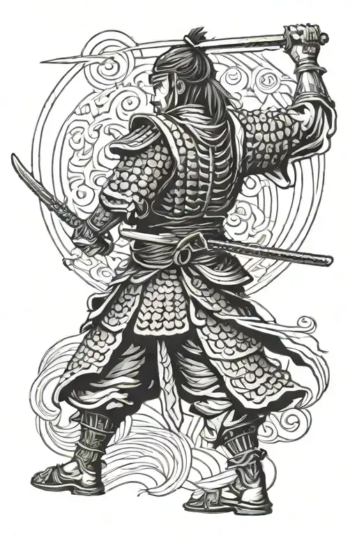 Samurai Warrior Holding Sword Above Head With Back Turned