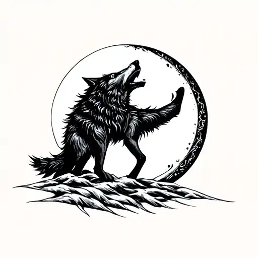 Nordic Wolf Howling At Crescent Moon