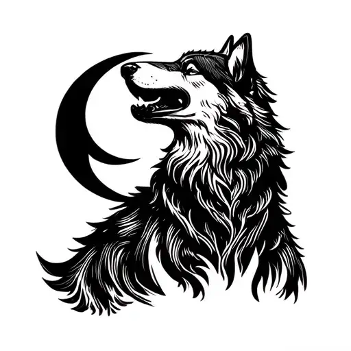 Nordic Wolf Howling At Crescent Moon