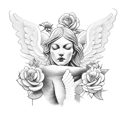 A Blackwork Tattoo Of A Sculptural Angel Surrounded By A Field Of Roses