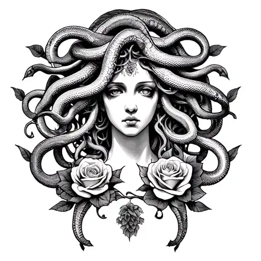 Medusa With Twelve Snakes And Two Roses