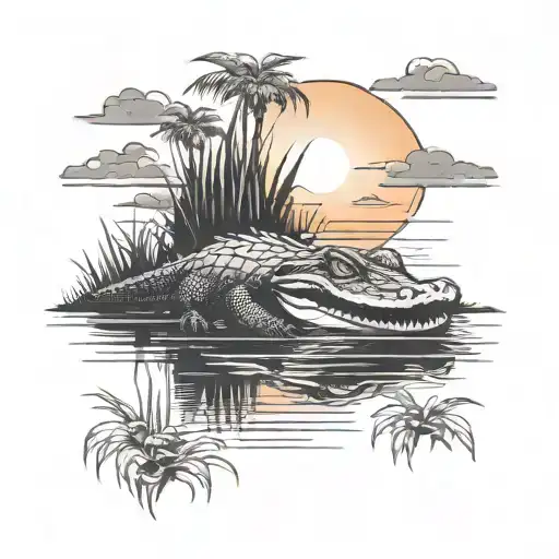 Florida Gator In Swamp Swimming With Sunset Background