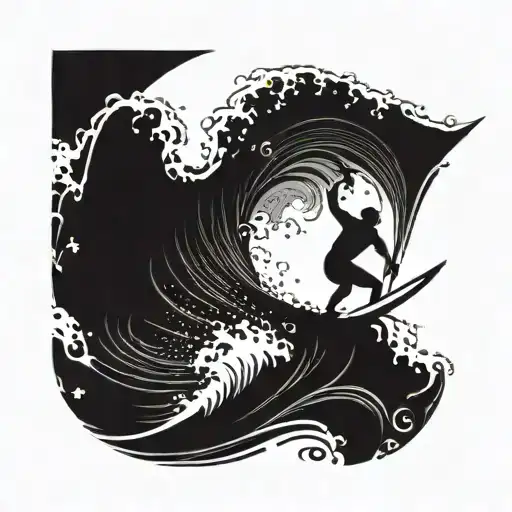 A Minimalist Silhouette Of A Surfer Catching A Wave With Ancient History Symbols In The Background