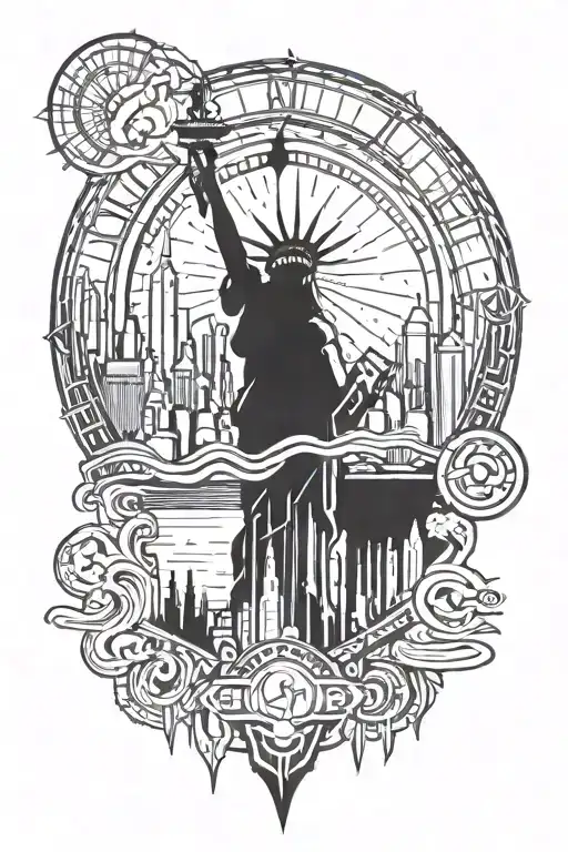 Tribal Tattoo Showing New York City Manhattan View And Loyalty Respect Warrior Weath Symbol