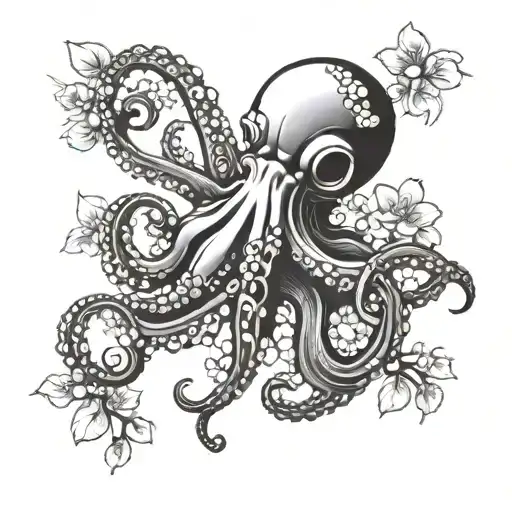 Mechanical Octopus With Traditional Japanese Waves And Cherry Blossoms