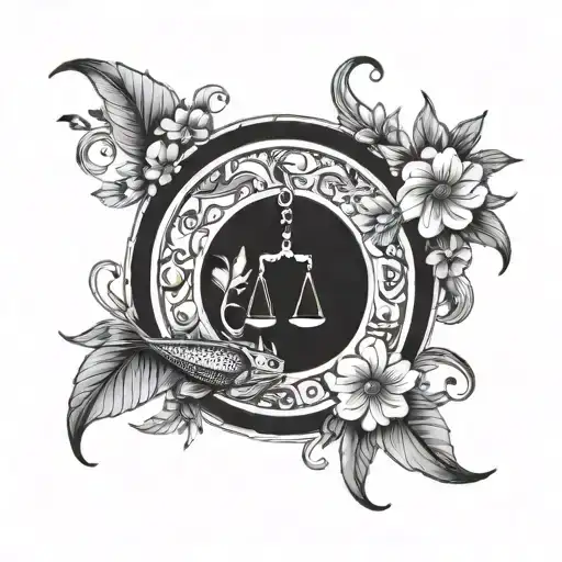 An Arch Shaped Like A Scale With Two Fish And Flowers