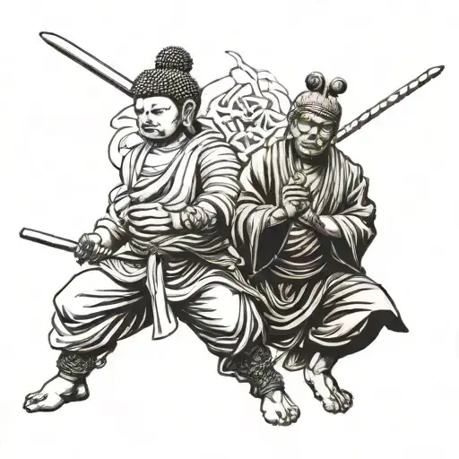 Buddah Figure And Samurai Figure Warrior Fineline Art