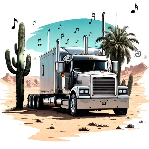Semi Truck In The Desert With Cactus And Palm Tree And Music Notes
