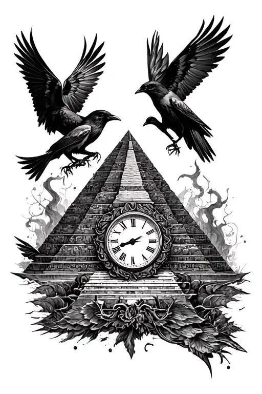 Tattoo Ideas For The Calf Containing A Pyramid With Clock And Crows