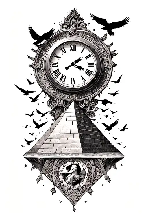 Calf Tattoo That Contains A Clock With Roman Numbers And A Pyramid Back With Small Crows Flying