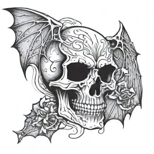 Skull Head With Bat Wings And Line Art Around It