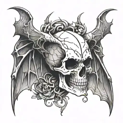 Skull Head With Bat Wings Connected To It And Line Art Designs