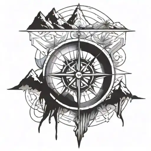 A Blackwork Tattoo Of A Compass Rose Surrounded By Mountain Peaks