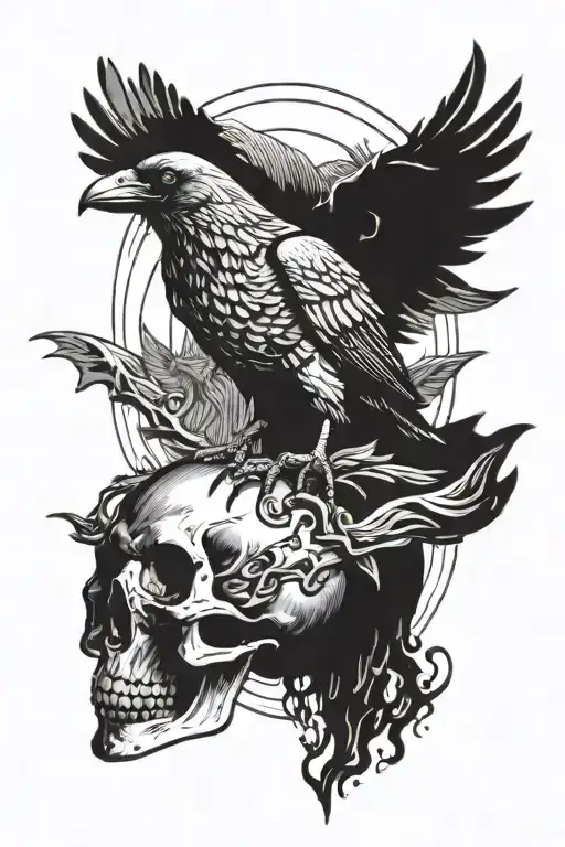 Crow Standing On Skull In Front Of The Angel Of Death