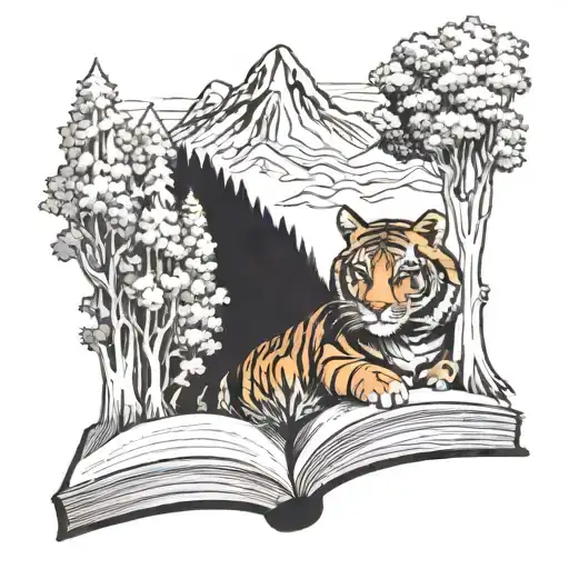 A Mountain Landscape With A Tiger Peeking Out From Behind The Trees And A Book In The Foreground