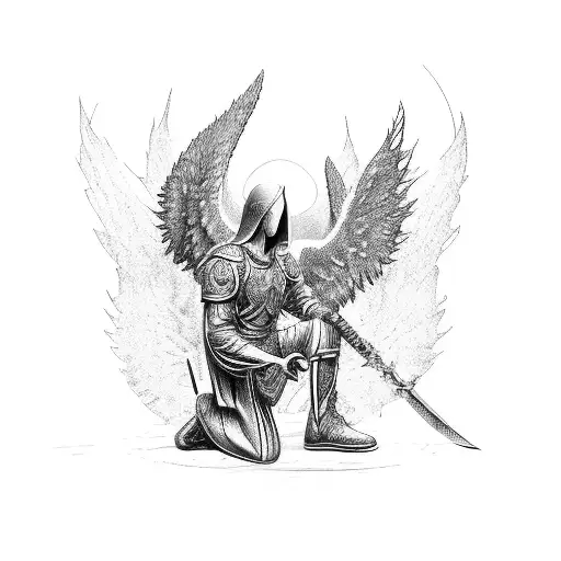 Archangel Kneeling On One Knee While Holding A Sword