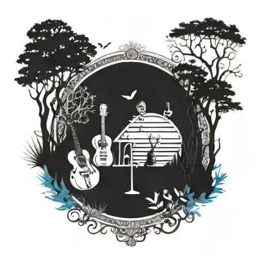 A Mystical Blue Forest With Musical Instruments Hidden Among The Trees