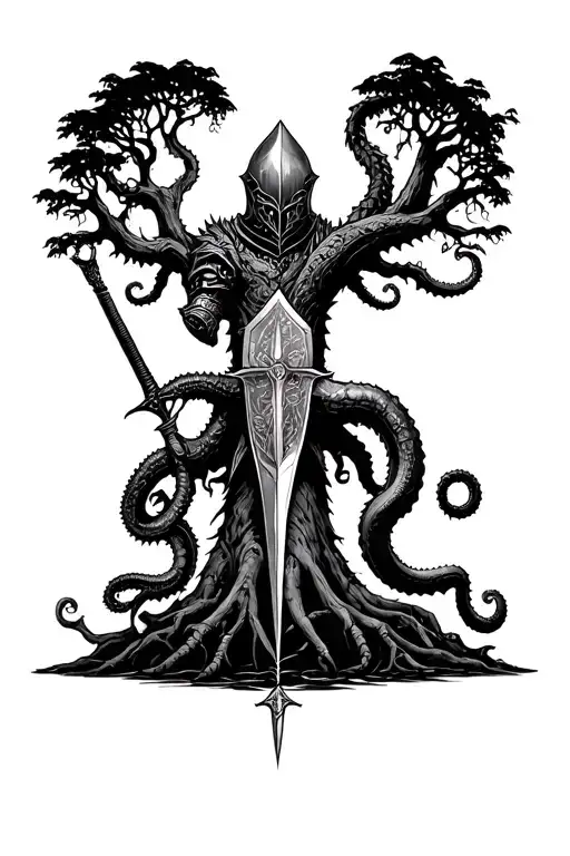 Knight With A Sword And Shield Protecting A Tree From A Kraken