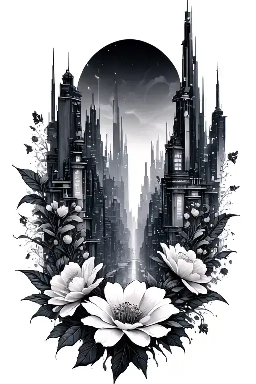 A Futuristic Cyberpunk Cityscape With Hidden Gaming References Intertwined With Delicate Flowers