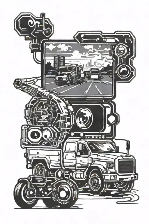 A Tattoo Design Of A Computer Screen Displaying A Video Game Scene With A Truck In The Background