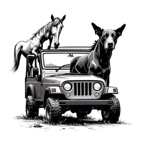 Stallion And Dog With Jeep