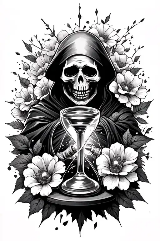Grim Reaper With A Shattered Hour Glass Surrounded By Flowers Symbolizing
