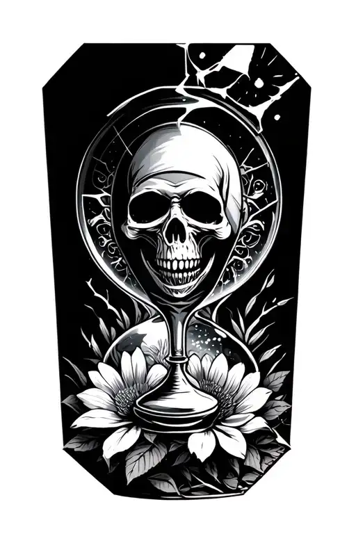 Grim Reaper With A Shattered Hour Glass Surrounded By Flowers Symbolizing