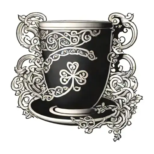 A Coffee Cup With Intricate Sketch Art Designs Intertwined With Celtic Knots And Shamrocks