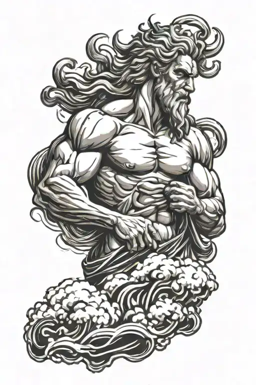 Half Body Zeus With Thunder On Hand Above A Cloud Background