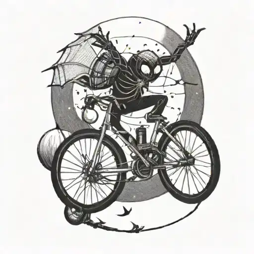 A Playful Tattoo Of A Spider Riding A Bicycle With A Bat Perched On The Handlebars Under The Moon