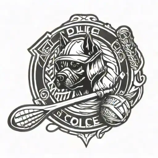 A Stylized Lacrosse Stick And Football Crossed With A K9 Police Badge Design