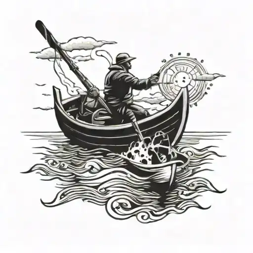 Boat With Fisherman Casting Line With Sun Above