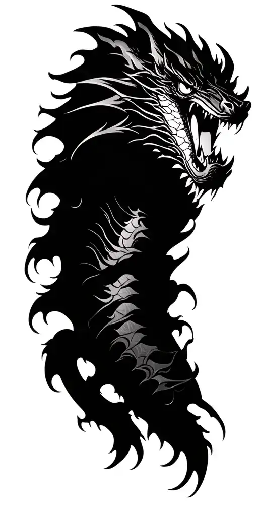 Bold Fierce Dragon Head Tattoo Wrapped Around Arm Sleeve Surounded By Black Ink
