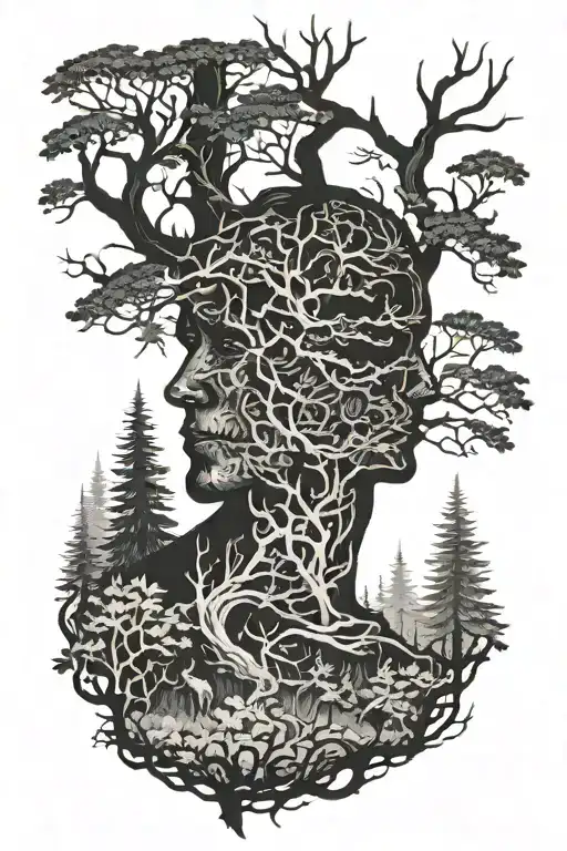 Dark Forest And Male Shadow With Dead Head