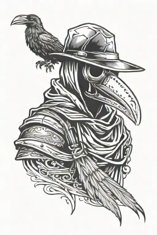 Plague Doctor With Big Hood And Raven In The Background